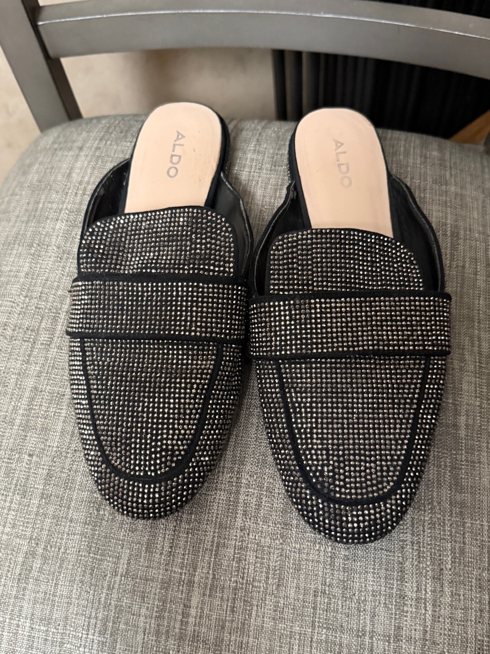 Aldo Black Rhinestone-Embellished Slip-On Loafers